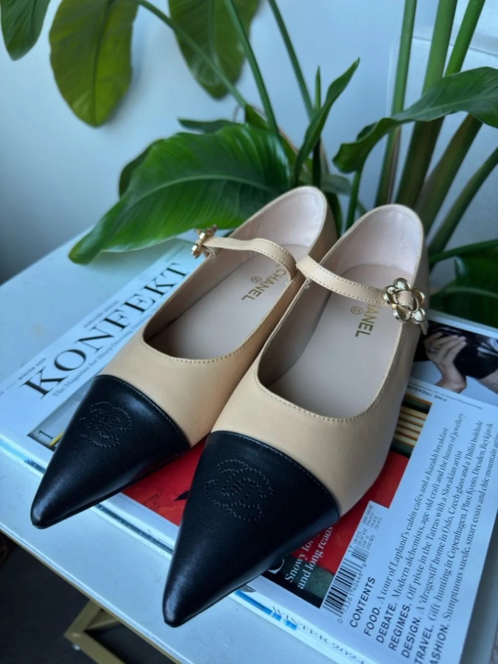 CHANEL Beige and Black Mary Jane Pointed Toe Pumps with Gold Camellia Strap - Picture 7 of 8